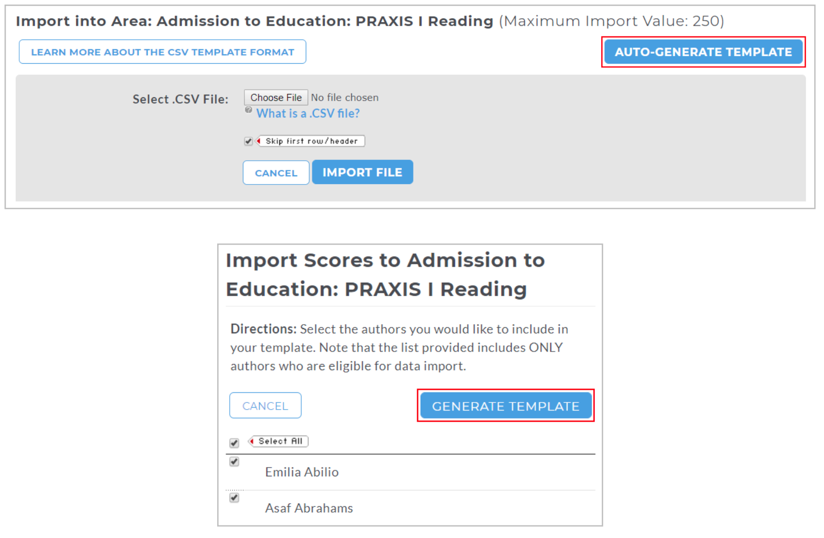 The import section showing an option to auto-generate a template with the Auto‑Generate Template button highlighted. A file upload field for selecting a CSV file appears above Import File and Cancel buttons. A second panel below shows a list of authors with checkboxes and a Generate Template button highlighted.