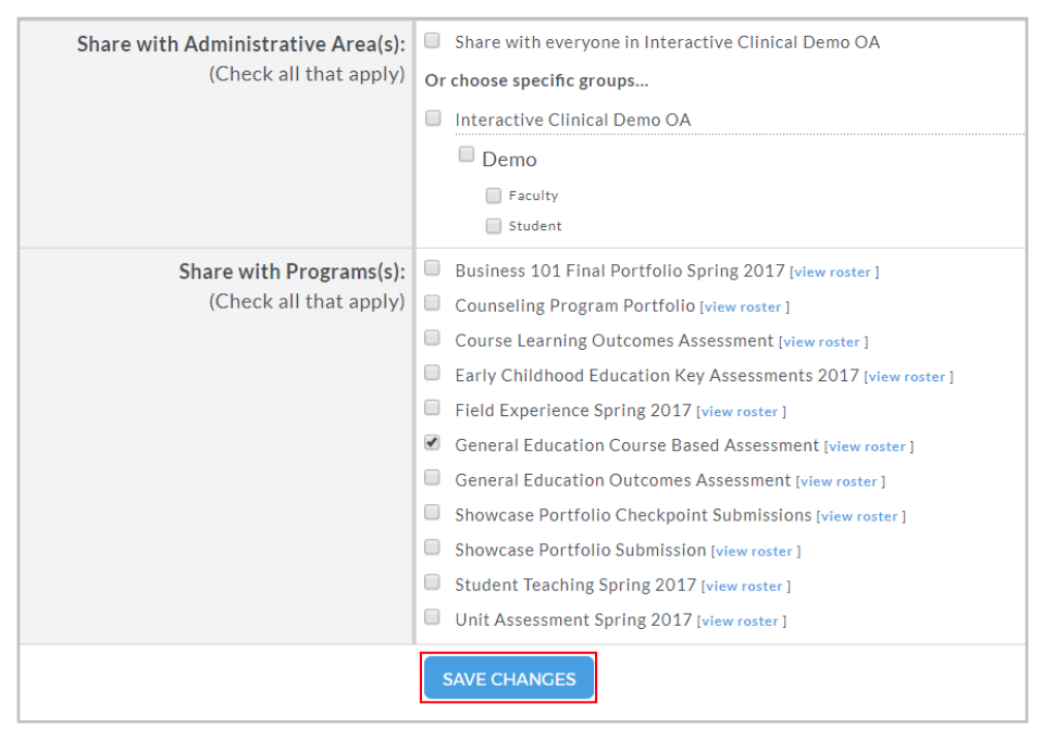 A sharing settings page showing options to share the template with administrative areas or with selected programs, including checkboxes for multiple program groups, along with a highlighted Save Changes button at the bottom.
