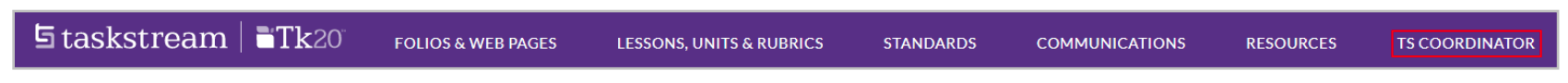 A top navigation bar showing menu options for Folios & Web Pages, Lessons, Units & Rubrics, Standards, Communications, Resources, and a highlighted TS Coordinator.