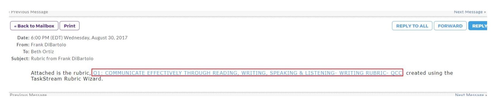 The message view showing an email from Frank DiBartolo to Beth Ortiz with an attached rubric link titled ‘O1: Communicate Effectively Through Reading, Writing, Speaking & Listening - Writing Rubric - QCC’ highlighted in the message body.