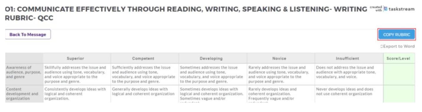 The rubric page showing the rubric titled ‘O1: Communicate Effectively Through Reading, Writing, Speaking & Listening - Writing Rubric - QCC’ with performance levels across the top and criteria down the left. A Copy Rubric button highlighted.