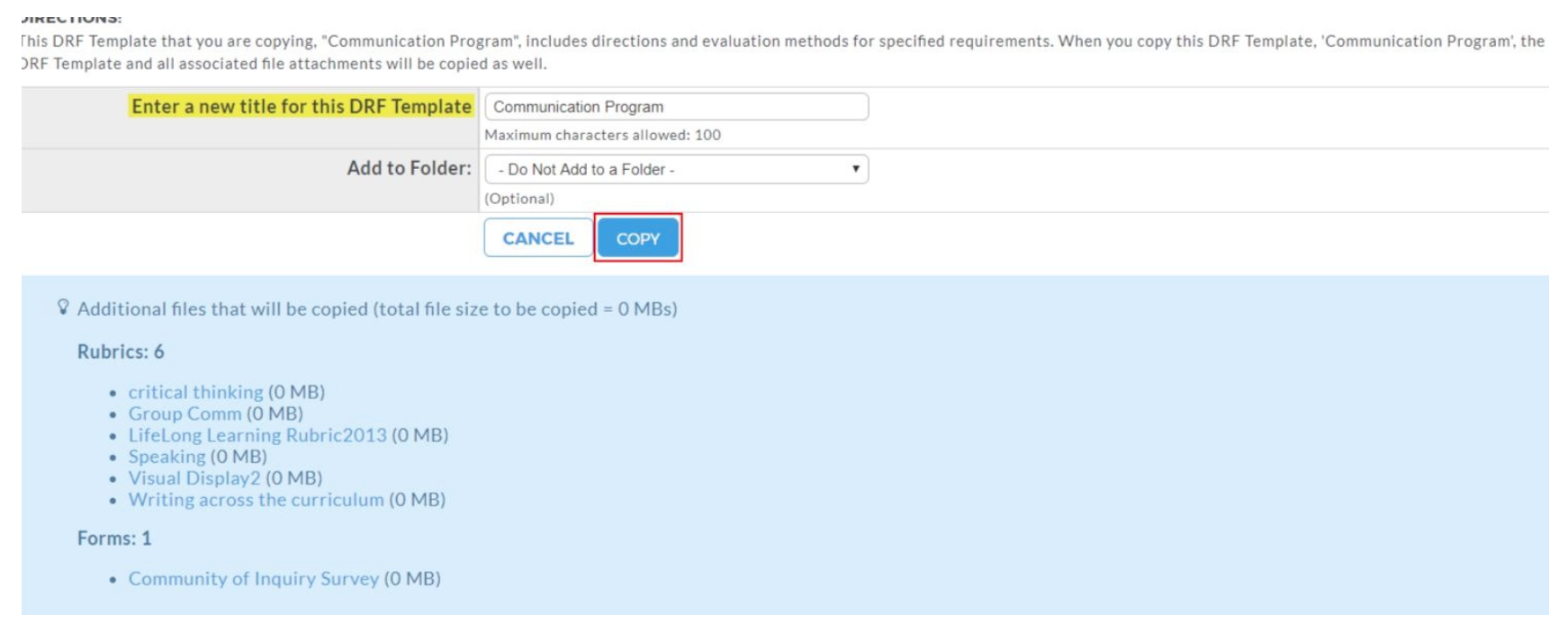 The page showing a field for entering a new title and a folder selection menu. A Copy button highlighted. Below, a list of the rubrics and forms that will be copied, including six rubrics and one form.
