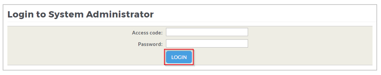 The Login to system administrator panel showing fields for Access code and Password, with a highlighted Login button.