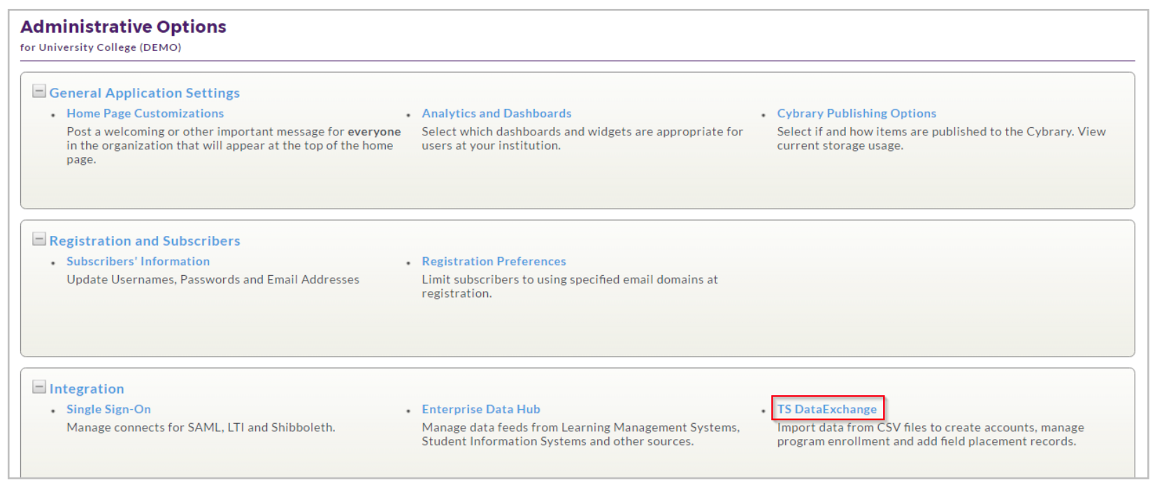 The Administrative Options page showing grouped sections for General Application Settings, Registration and Subscribers, and Integration. Integration section showing multiple links, with TS DataExchange highlighted.