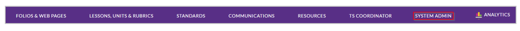 The Top navigation bar showing options for Folios & Web Pages, Lessons, Units & Rubrics, Standards, Communications, Resources, TS Coordinator, System Admin highlighted, and Analytics.