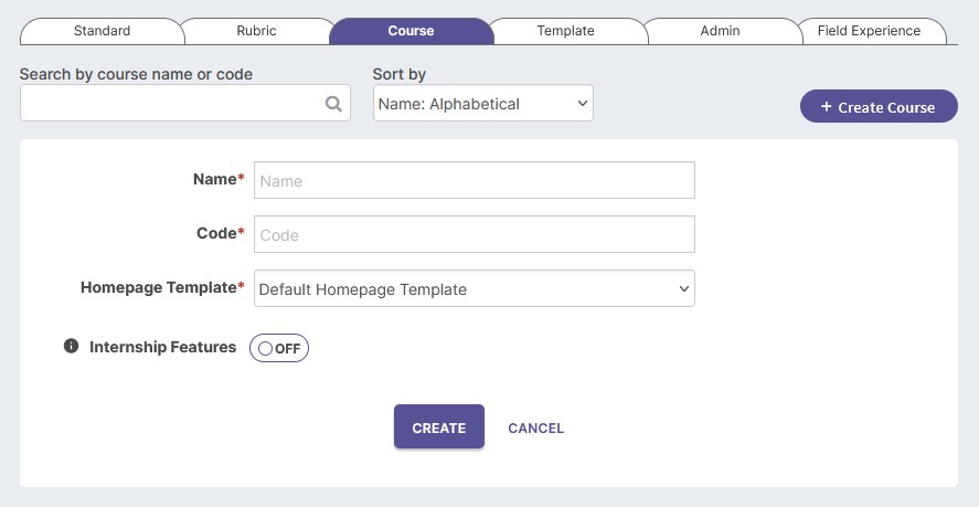 A form to create a new course is displayed. The form includes fields for Name, Code, and Homepage Template, as well as a toggle for 'Internship Features.' The image is annotated with a red box around the 'Internship Features' toggle.