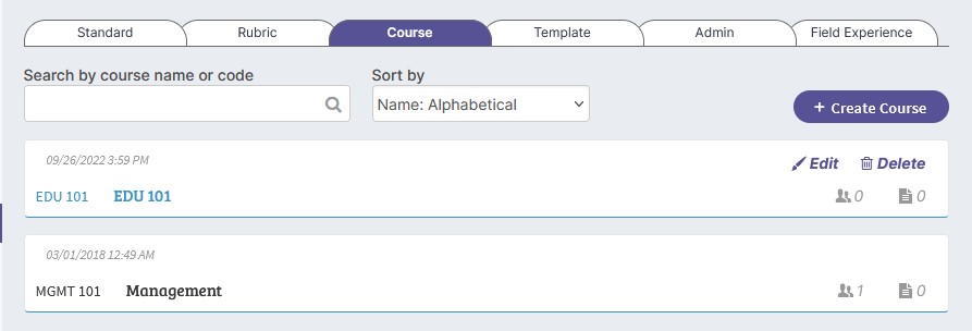 The Hierarchy tab is selected. The Course tab on the right is also selected. A course list is displayed with a 'Create Course' button at the top. The image is annotated with a circle around the 'Create Course' button.