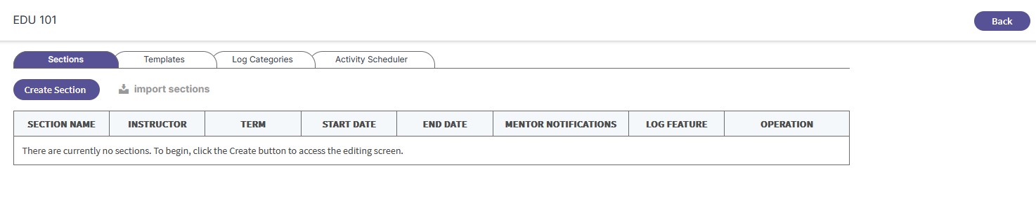 A pop-up window titled 'Create Section' is displayed with fields for 'Section Name', 'Instructor', 'Term', 'Start Date', and 'End Date'. The image is annotated to highlight the different fields.