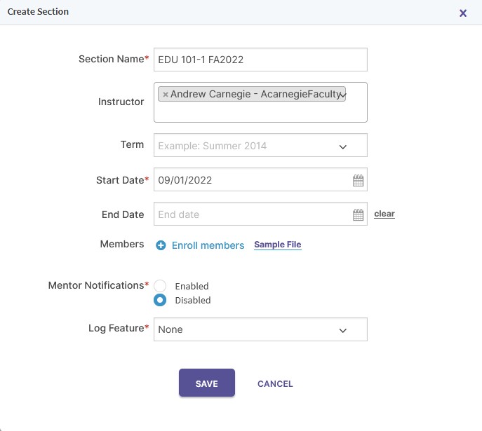 A 'Create Section' form is displayed with information filled in for 'Section Name', 'Instructor', 'Term', 'Start Date', and 'End Date'. A 'Save' button is at the bottom of the form. The image is annotated to highlight the Save button.