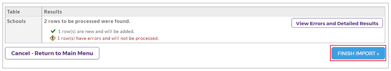 An import summary page showing that two rows were identified for processing, with one new row to be added and one row containing errors, along with options to view detailed results, cancel and return to the main menu, and a highlighted Finish Import button.