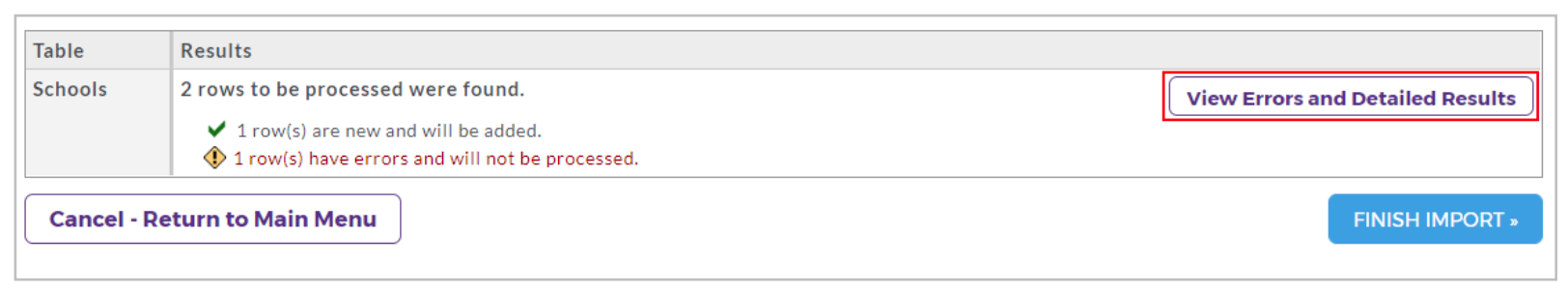 An import summary page showing that two rows were identified for processing, with one new row to be added and one row containing errors, along with a highlighted 'View Errors and Detailed Results' button, a Cancel option to return to the main menu, and a Finish Import button.