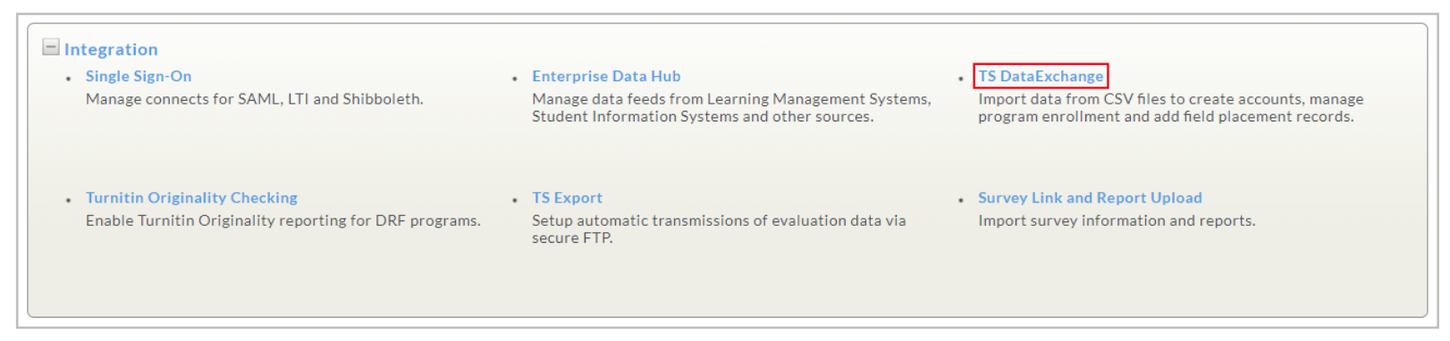 An Integration page showing a list of integration options including Single Sign‑On, Enterprise Data Hub, Turnitin Originality Checking, TS Export, Survey Link and Report Upload, and the TS DataExchange.