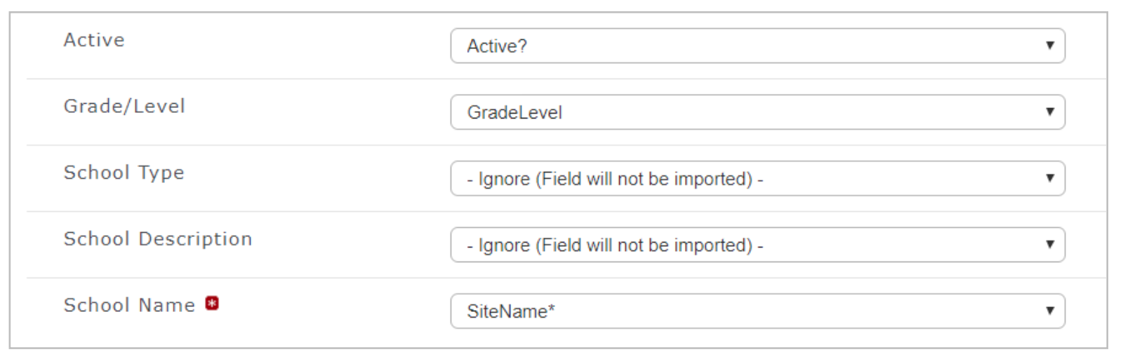 A field‑mapping section showing dropdown menus for Active, Grade/Level, School Type, School Description, and School Name, with some fields set to 'Ignore' and the required School Name field mapped to 'SiteName'.