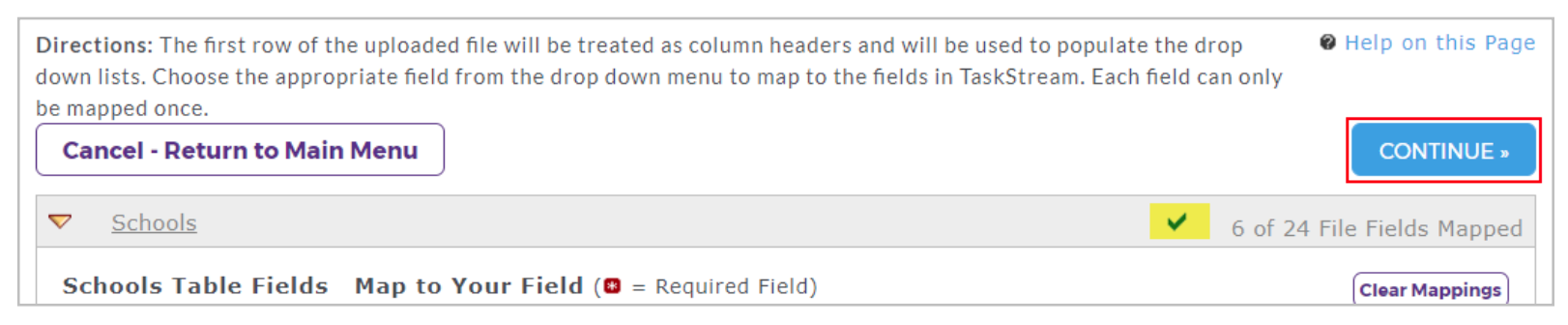A field‑mapping progress page showing directions for mapping columns, a Cancel button, a highlighted Continue button, and a status bar indicating that 6 of 24 file fields have been mapped, along with options to expand the Schools section and clear mappings.