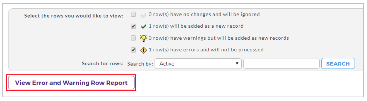 A row selection page showing indicators for rows that will be added, have warnings, or contain errors, along with search filters, and a highlighted 'View Error and Warning Row Report' button.