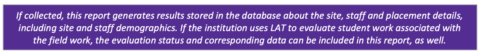 A note that reads 'If collected, this report generates results stored in the database about the site, staff and placement details, including site and staff demographics. If the institution uses LAT to evaluate student work associated with the field work, the evaluation status and corresponding data can be included in this report, as well'.
