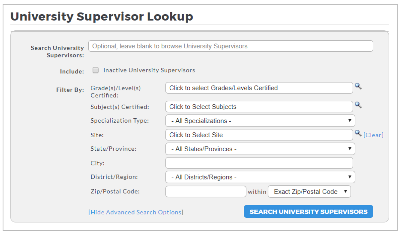 A University Supervisor Lookup page showing advanced search options including fields for grades or levels certified, subjects certified, specialization type, site, state or province, city, district or region, and zip or postal code, along with a Search University Supervisors button at the bottom.