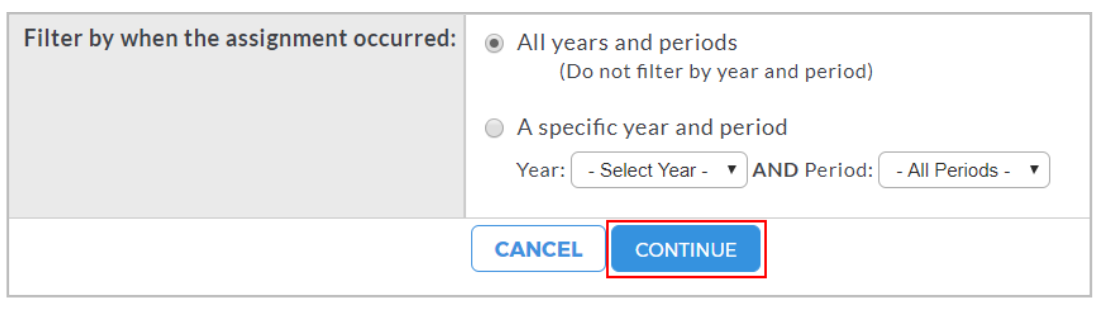 A report filter page showing options to filter university supervisor assignments by all years and periods or by selecting a specific year and period, along with a highlighted Continue button next to a Cancel option.