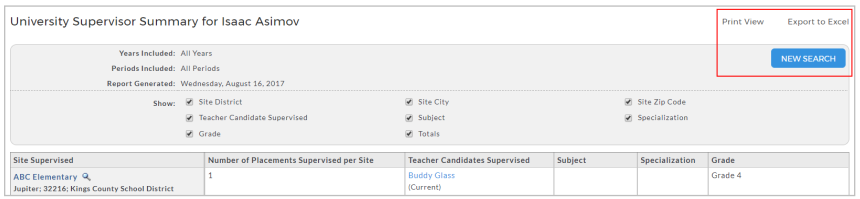 A University Supervisor Summary report for Isaac Asimov showing the years and periods included and the report generation date, with options to filter displayed information, and highlighted links for Print View and Export to Excel, along with a highlighted New Search button.