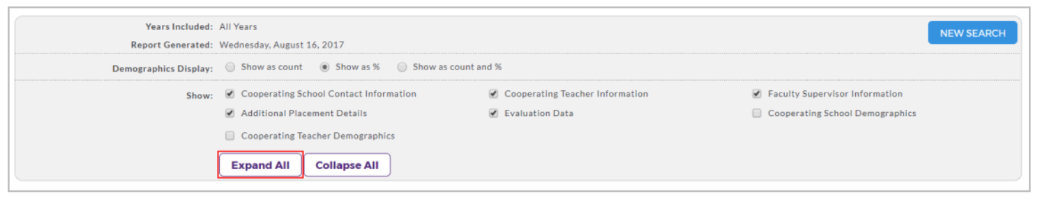 A report results page showing demographic display and information selection options, with checkboxes for various data categories, along with buttons to Expand All and Collapse All, with the Expand All button highlighted.