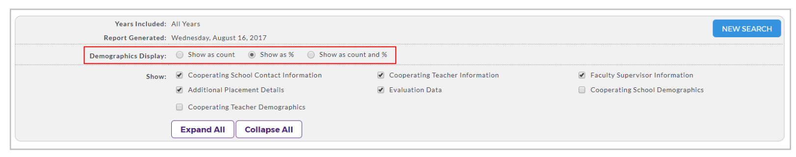 A report results page showing options for how demographic information is displayed, with a highlighted Demographics Display section containing radio buttons to show data as count, as percentage, or as count and percentage, along with additional checkboxes below for selecting which information to include in the report.