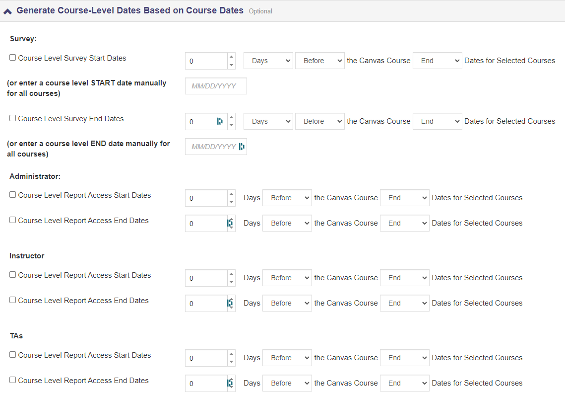 The Generate Course‑Level Dates Based on Course Dates section showing optional settings for Survey, Administrator, Instructor, and TAs, each with checkboxes for course‑level start and end dates and fields for setting offset values in days before the Canvas course end, plus manual date‑entry fields.