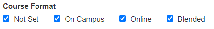 The Course Format section showing selected checkboxes for Not Set, On Campus, Online, and Blended.