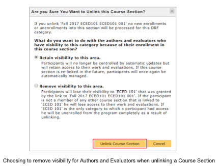 A confirmation window showing options for handling visibility when unlinking a course section, with choices to retain visibility or remove visibility for participants, and the Unlink Course Section button highlighted.