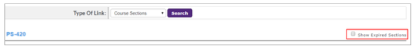 A course section search panel showing the link type set to Course Sections with a Search button, and an highlighted option to show expired sections.