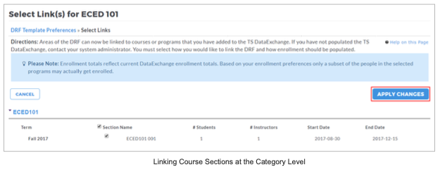 A linking page showing course sections selected for ECED 101 with details such as term, section name, number of students, number of instructors, start date, and end date, along with an Apply Changes button highlighted.