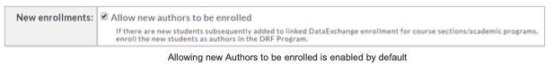 An enrollment preferences panel showing the New enrollments option enabled, with the setting allowing new authors to be enrolled automatically when added through linked DataExchange enrollments.