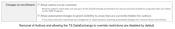 An enrollment preferences panel showing options under Changes to enrollment, including settings to allow authors to be removed and to allow automated changes to grant visibility, both of which are disabled.