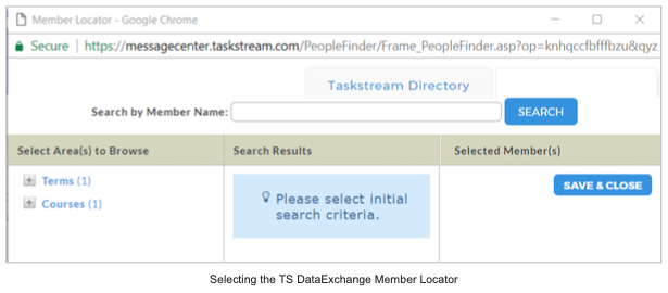 A member locator window showing options to search by member name, browse areas such as terms and courses, view search results, and select members, with buttons to search and save & close.