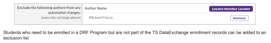 An enrollment preferences panel showing an exclusion list where specific authors can be excluded from automated changes, with one author listed and options to launch the member locator or remove the author from the list.
