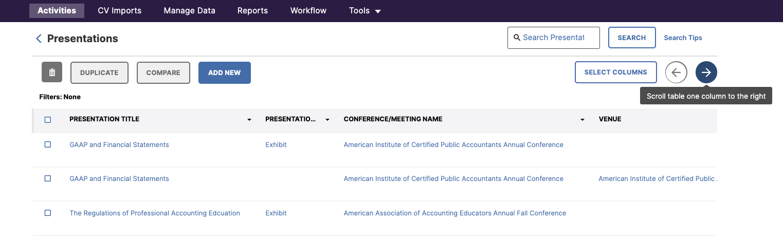 The Presentations page showing a table of presentation entries with actions for Duplicate, Compare, Add New, a search bar with a Search button, a Select Columns button, and right‑arrow control for scrolling the table.