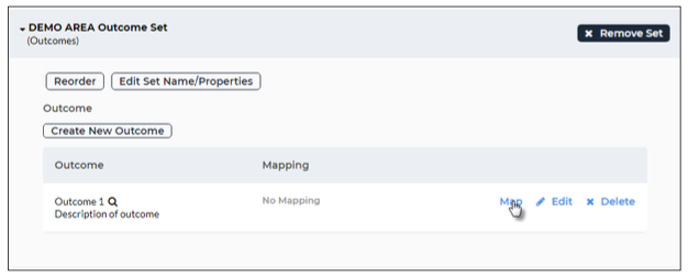 An outcome set page showing options to reorder the set, edit its name and properties, remove the set, and create a new outcome, with a table showing the outcome name, its description, a mapping status of No Mapping, and actions to map, edit, or delete the outcome.