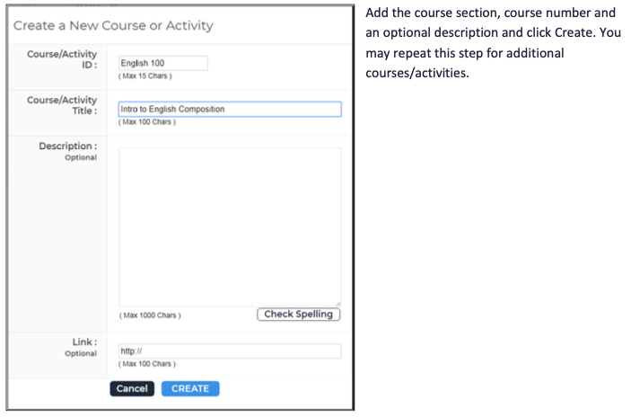 A Create a New Course or Activity form showing fields for the course or activity ID, title, an optional description with a spelling check option, an optional link field, and Cancel and Create buttons.