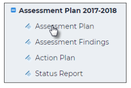 An Assessment Plan navigation menu showing links for Assessment Plan, Assessment Findings, Action Plan, and Status Report under the Assessment Plan 2017‑2018 section.