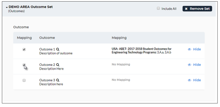 An outcome set section showing the DEMO AREA Outcome Set expanded with checkboxes beside each outcome, a mapping column showing mapped standards for Outcome 1 and 'No Mapping' for the remaining outcomes, along with options to hide each outcome and a Remove Set button.