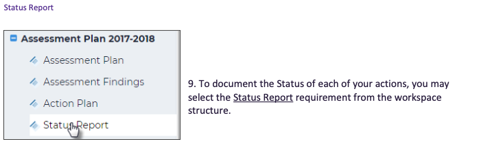 An Assessment Plan navigation panel showing the Status Report link selected under the Assessment Plan 2017‑2018 section.