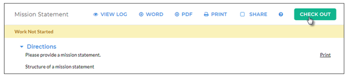A Mission Statement workspace page showing the work status, options to view the log, download as Word or PDF, print, share, and a Check Out button, along with expandable directions requesting a mission statement.