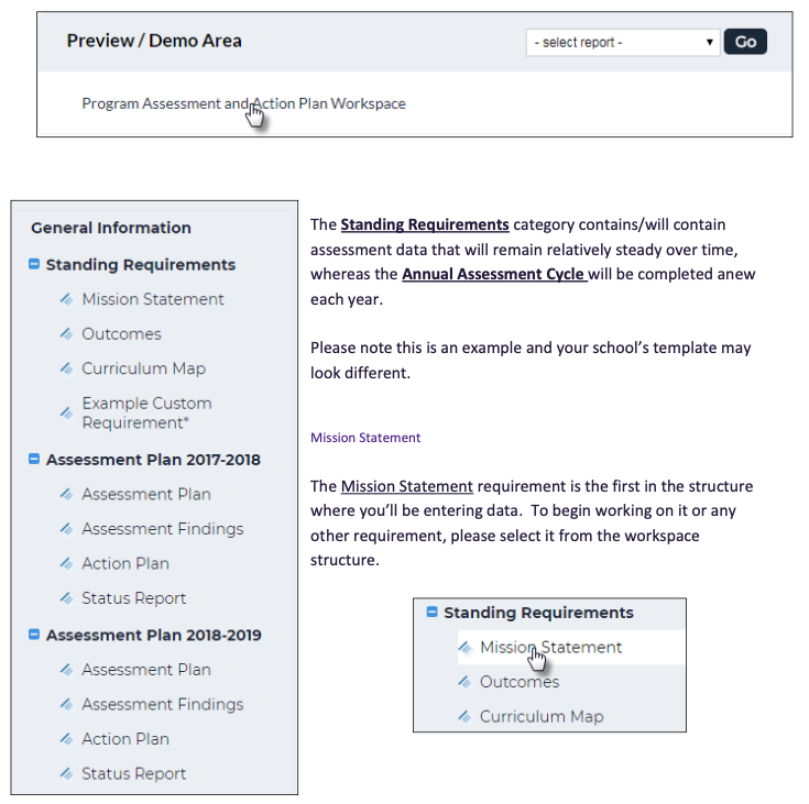 A workspace page showing a Preview/Demo Area banner, a link for Program Assessment and Action Plan Workspace, a navigation panel listing General Information, Standing Requirements, and multiple assessment plans, and a content area showing explanations about standing requirements along with highlighted links and the selected Mission Statement item.