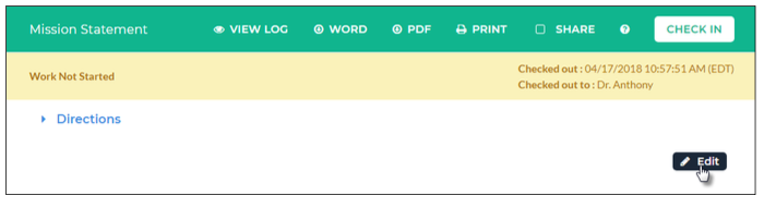 A Mission Statement workspace page showing options to view the log, download as Word or PDF, print, share, and a Check In button, along with the work status and checkout information and an Edit option.