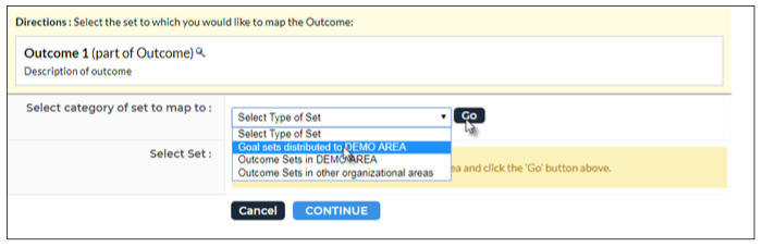 A mapping page showing the outcome name and description, a dropdown menu to select the category of set to map to, a Go button, a Select Set field, and Cancel and Continue buttons.