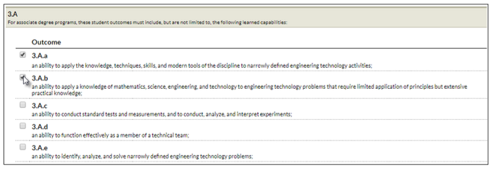 An outcome selection page showing a list of outcomes under section 3A, each with a checkbox and descriptive text, and one outcome selected.