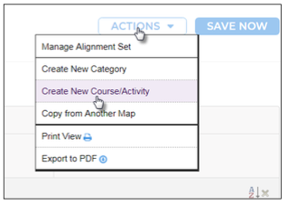 An Actions menu showing options to manage the alignment set, create a new category, create a new course or activity, copy from another map, and links for print view and export to PDF.