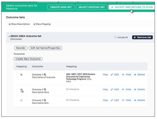 An outcome selection page showing the DEMO AREA Outcome Set expanded with options to reorder the set, edit the name and properties, remove the set, and create a new outcome, along with outcome rows showing their descriptions, current mapping status, and links to map, edit, hide, or delete each outcome.