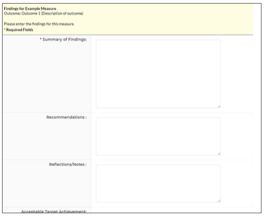 A findings entry form showing fields for the summary of findings, recommendations, reflections or notes, and acceptable target achievement.
