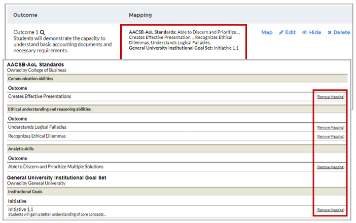 A mapping page showing Outcome 1 with its description and a Mapping section listing multiple mapped items, which are highlighted. The page also shows detailed outcome categories under AACSB‑AoL Standards and the General University Institutional Goal Set, each with options labeled ‘Remove Mapping’ highlighted.