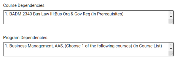 A dependencies section showing course dependencies and program dependencies, including a listed prerequisite course and a listed program requirement.